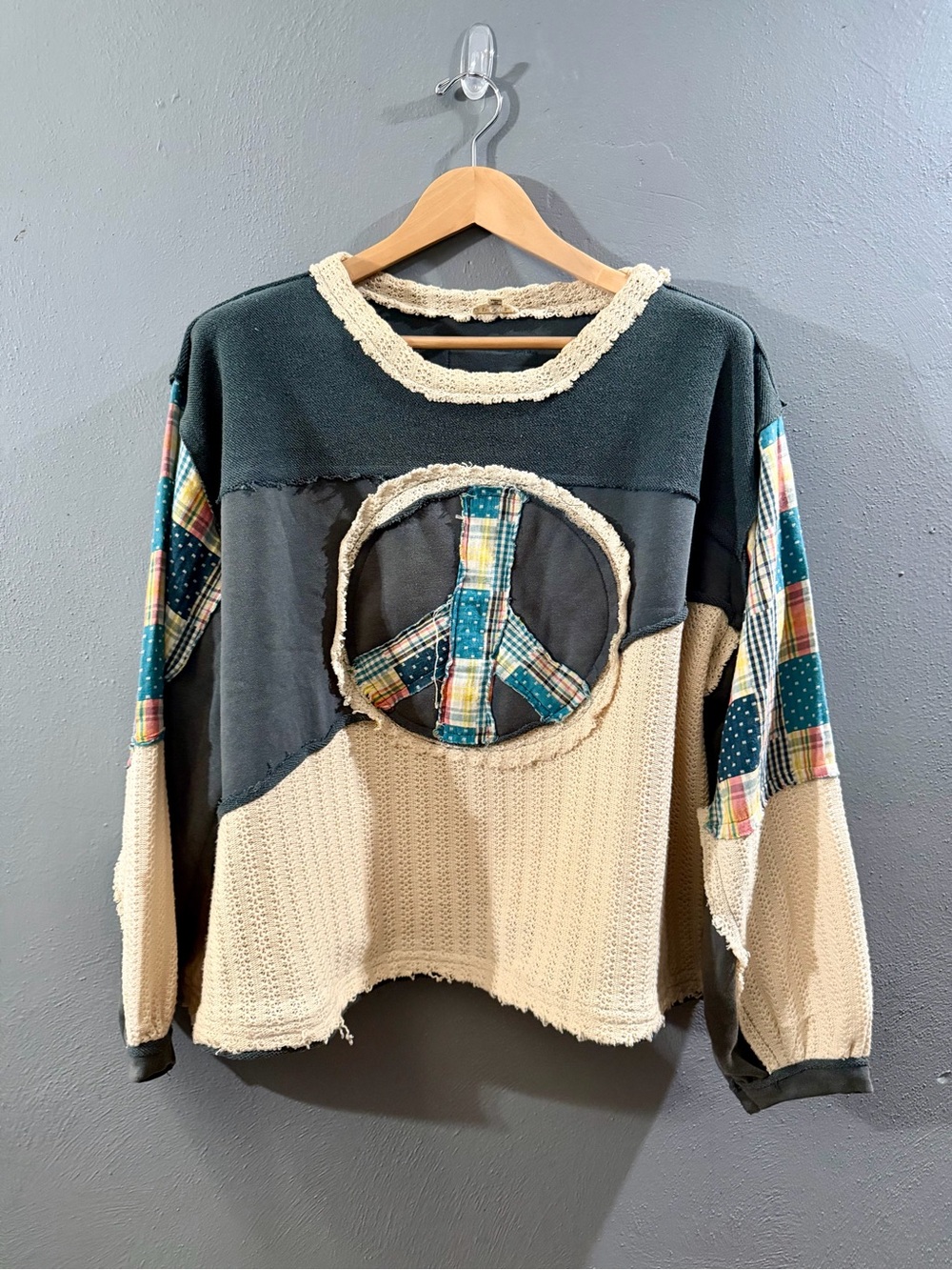 POL Womens Patchwork Peace Sign Long Sleeve Top - Cream & Dark Green